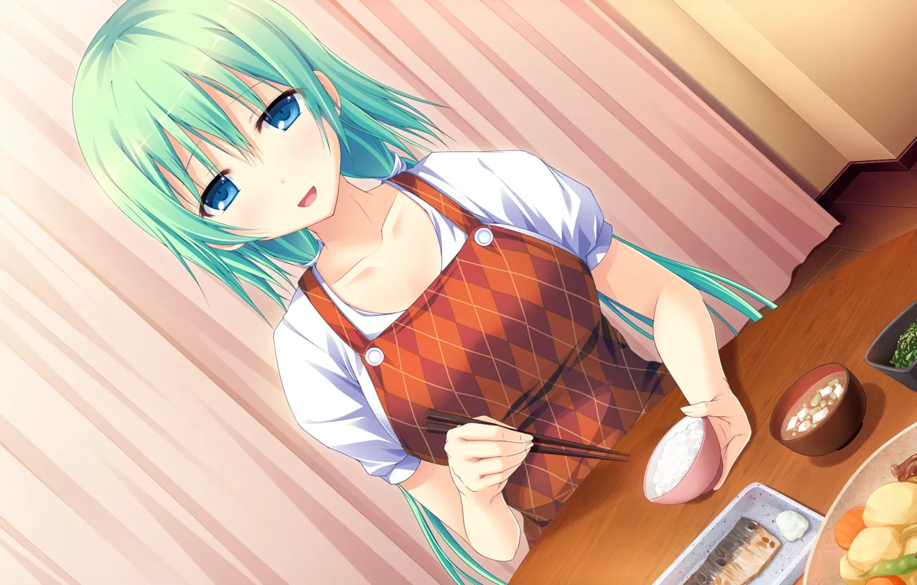 Photo wallpaper figure, blue eyes, green hair, in the room, apron, visual novel, at the table, chopsticks