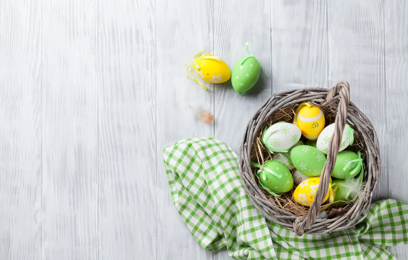 Photo wallpaper Easter, basket, wood, spring, Easter, eggs, decoration, Happy
