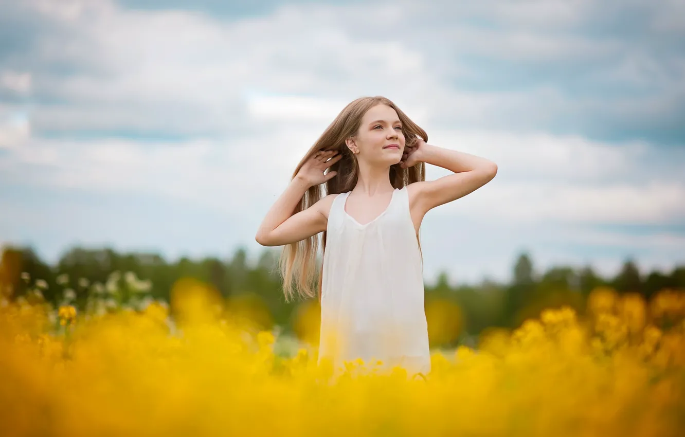 Photo wallpaper field, summer, joy, happiness, flowers, hair, girl