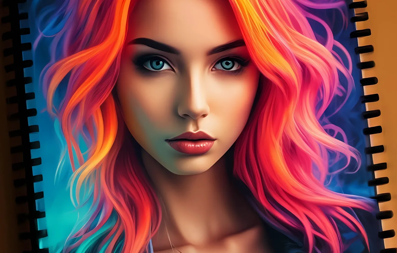 Photo wallpaper girl, figure, a girl with bright hair, drawing on a sheet, AI ART