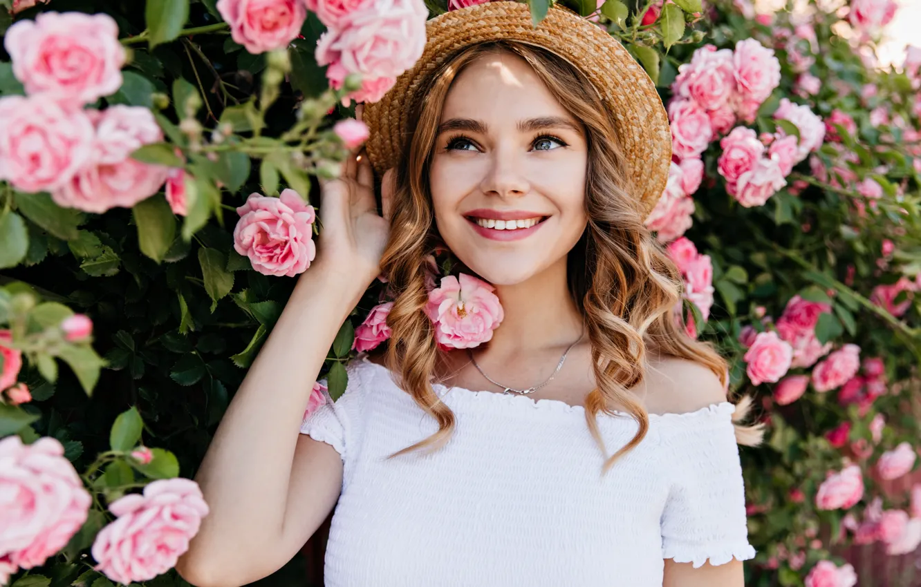 Photo wallpaper summer, girl, joy, flowers, smile, roses, positive, hat