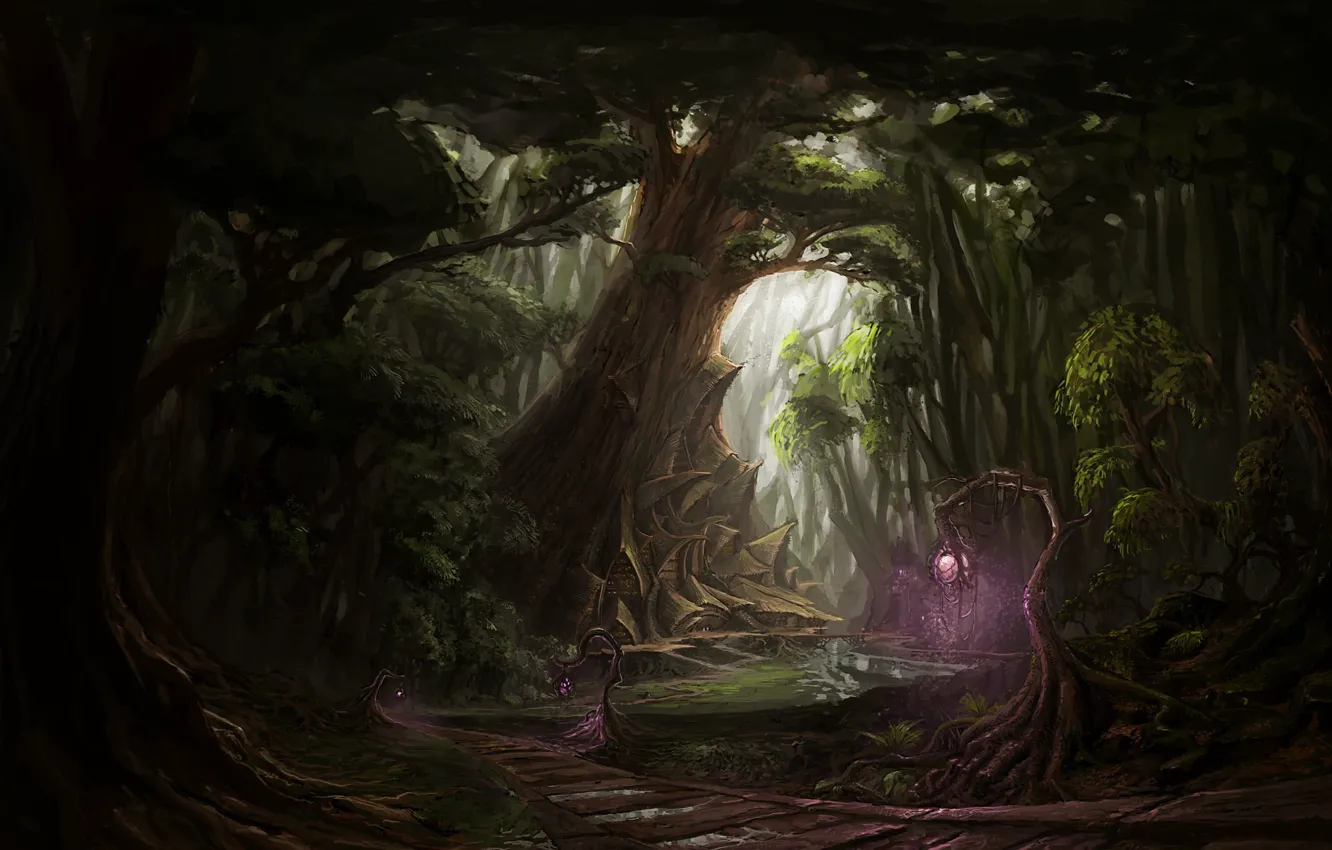 Photo wallpaper forest, view, elven forest, house in the woods, big tree