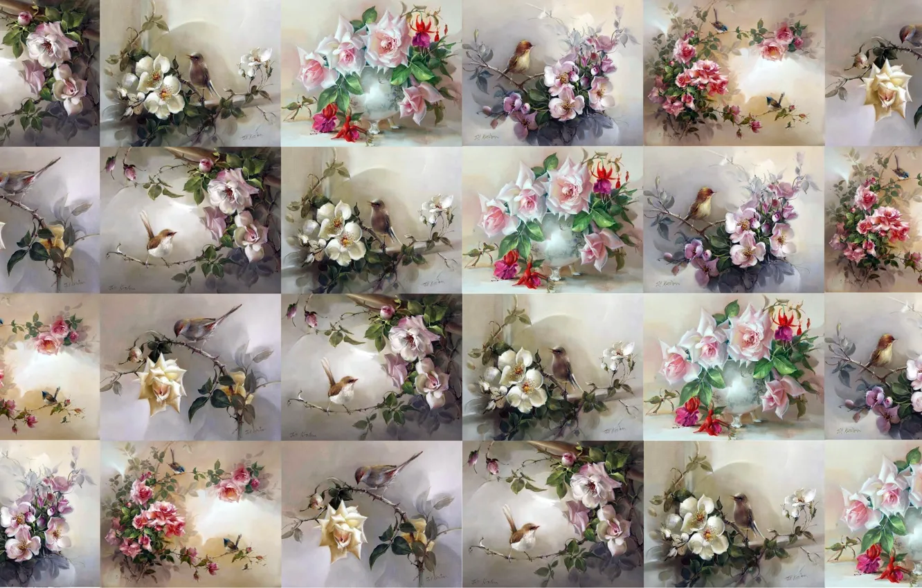 Photo wallpaper summer, flowers, background, texture, art, bird