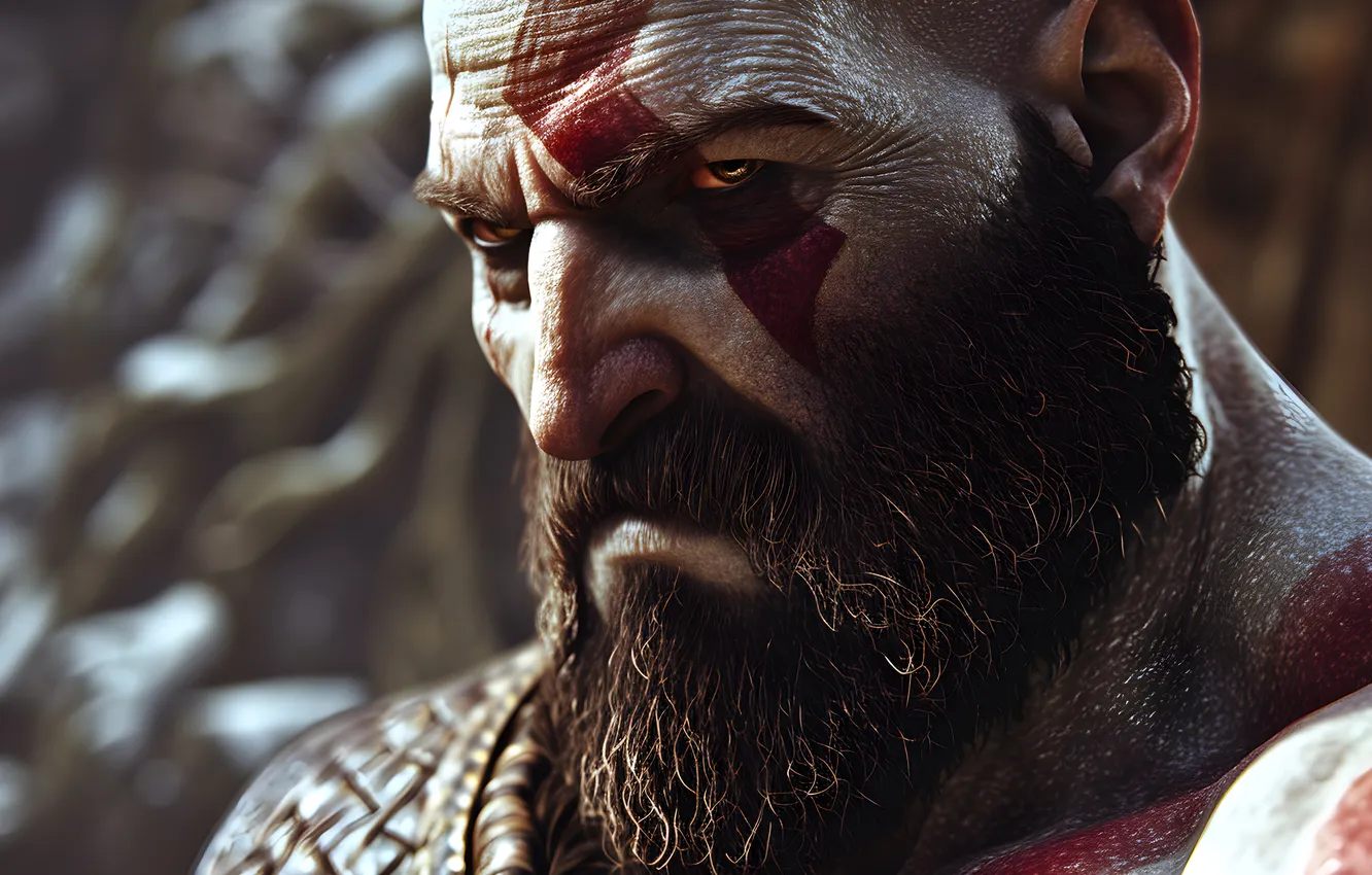 Photo wallpaper god of war, weapon, kratos, sony, man, face, blade, cool