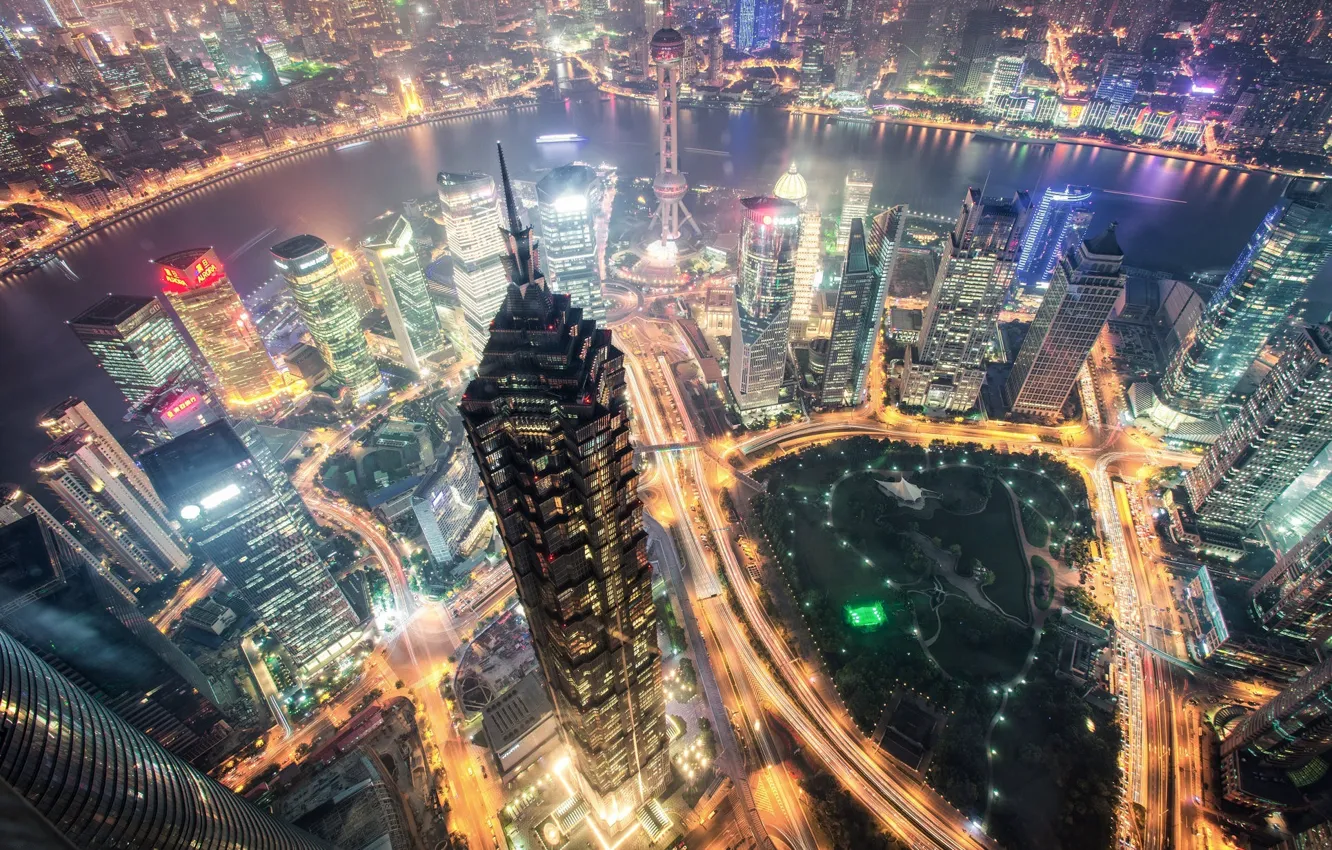 Photo wallpaper road, light, the city, lights, lights, building, tower, height