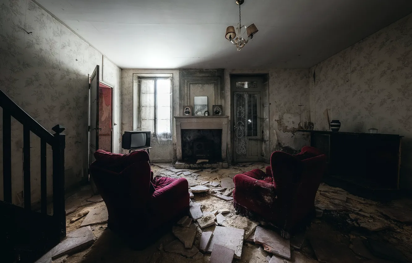 Photo wallpaper room, chair, TV, fireplace, naturalism