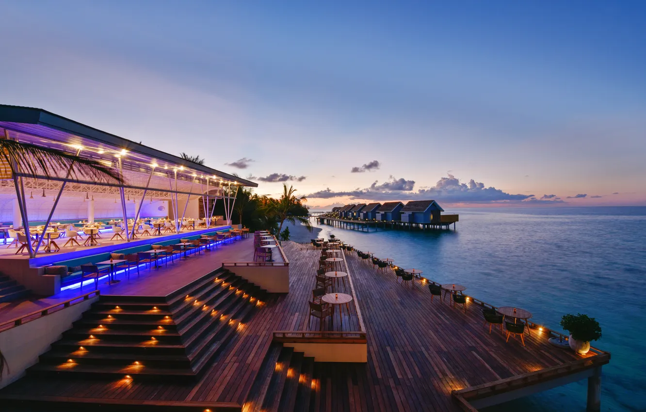 Photo wallpaper beach, palm trees, the ocean, the evening, lighting, The Maldives, the hotel, resort