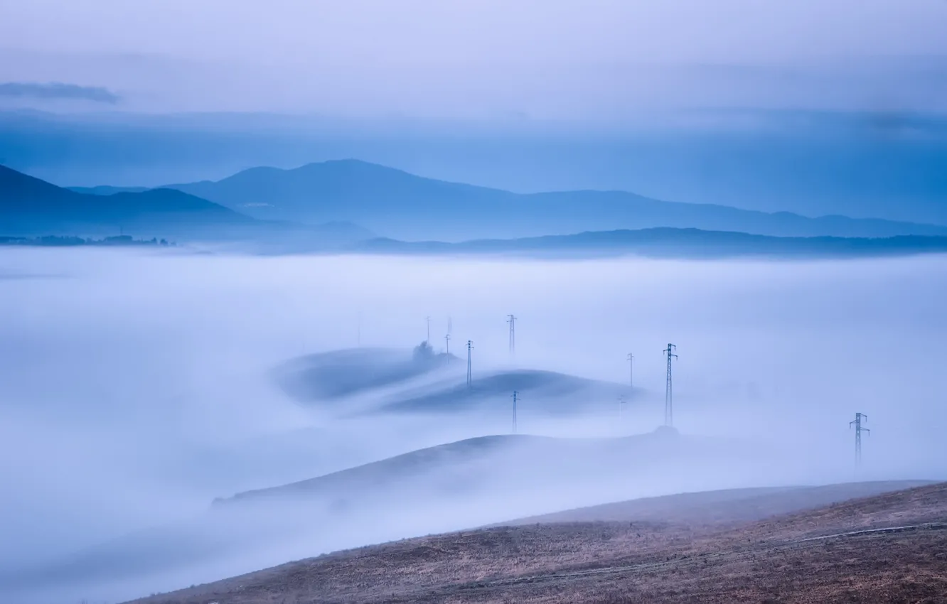 Photo wallpaper field, fog, power lines