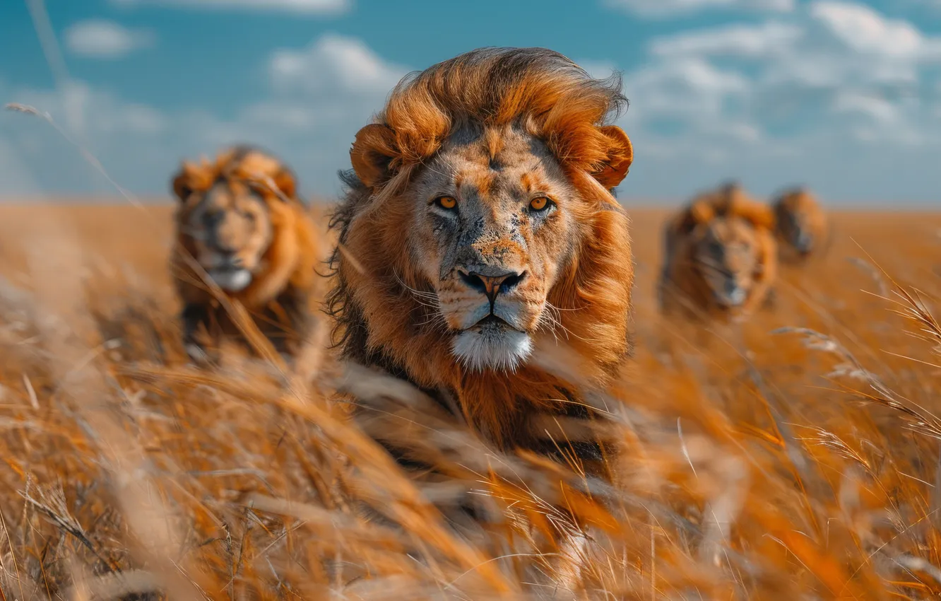 Photo wallpaper grass, look, predator, Leo, front, big cats, digital art, AI art