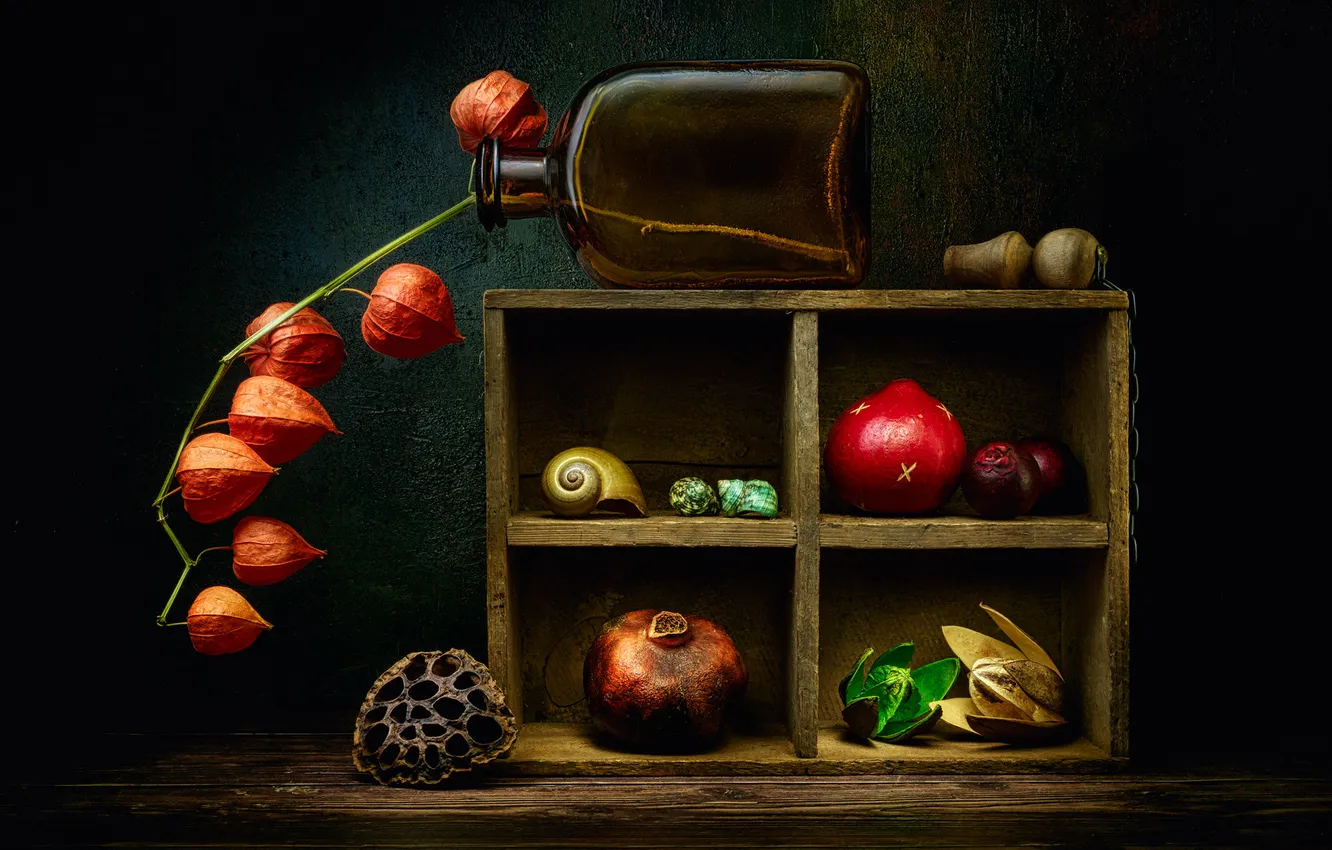Photo wallpaper seeds, still life, shelves, bottle, bolls
