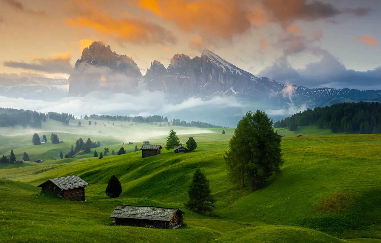 Photo wallpaper house, grass, sky, trees, field, landscape, nature, mountains