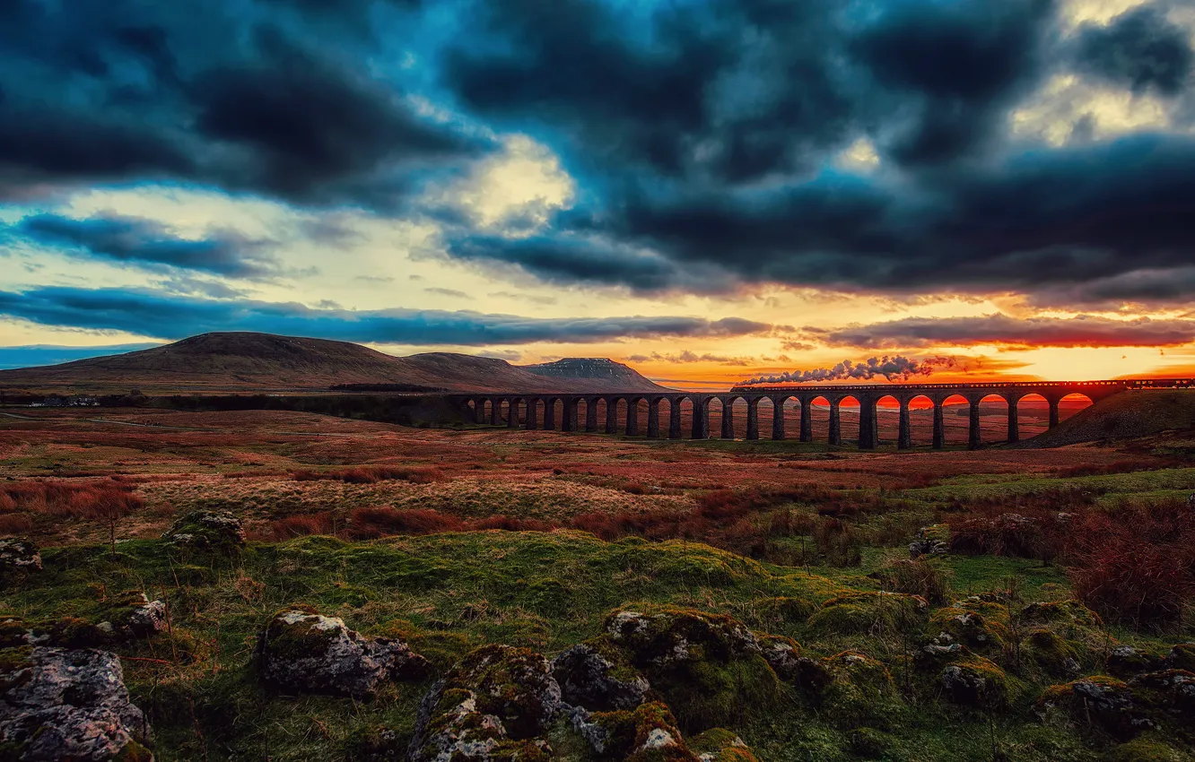 Photo wallpaper the sky, clouds, sunset, clouds, bridge, train, the engine, valley