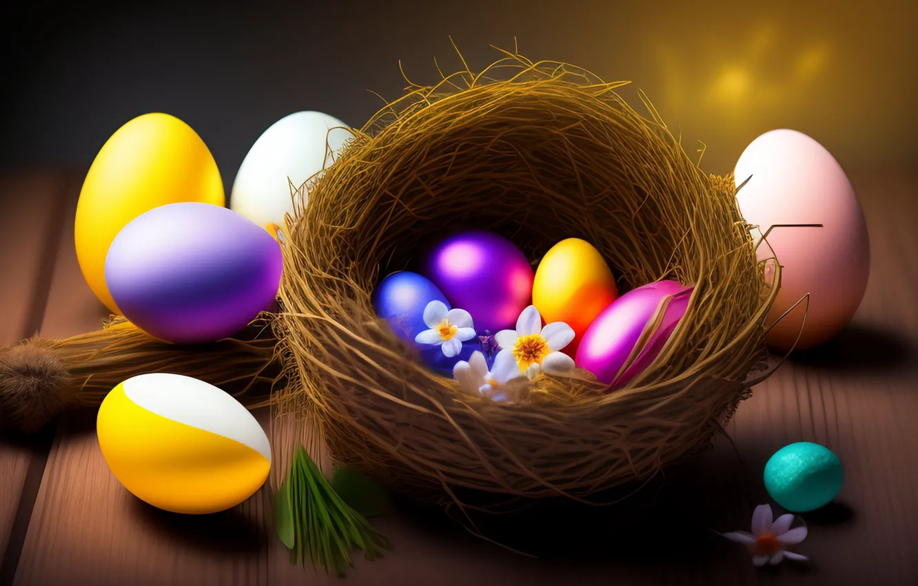 Photo wallpaper flowers, bright, eggs, Easter, socket, colorful, eggs, neural network