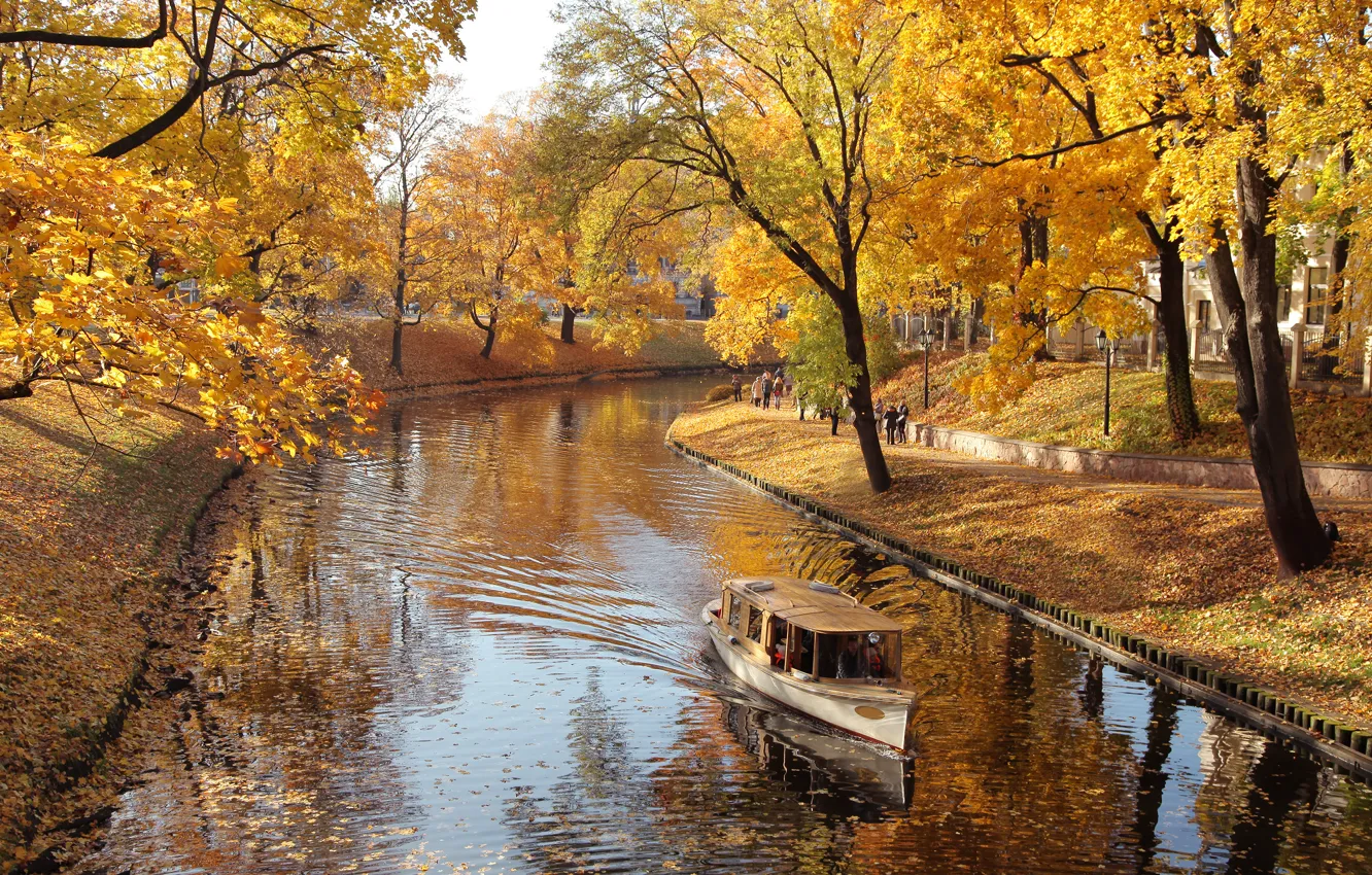 Photo wallpaper autumn, trees, nature, Park, river, boat, falling leaves, river