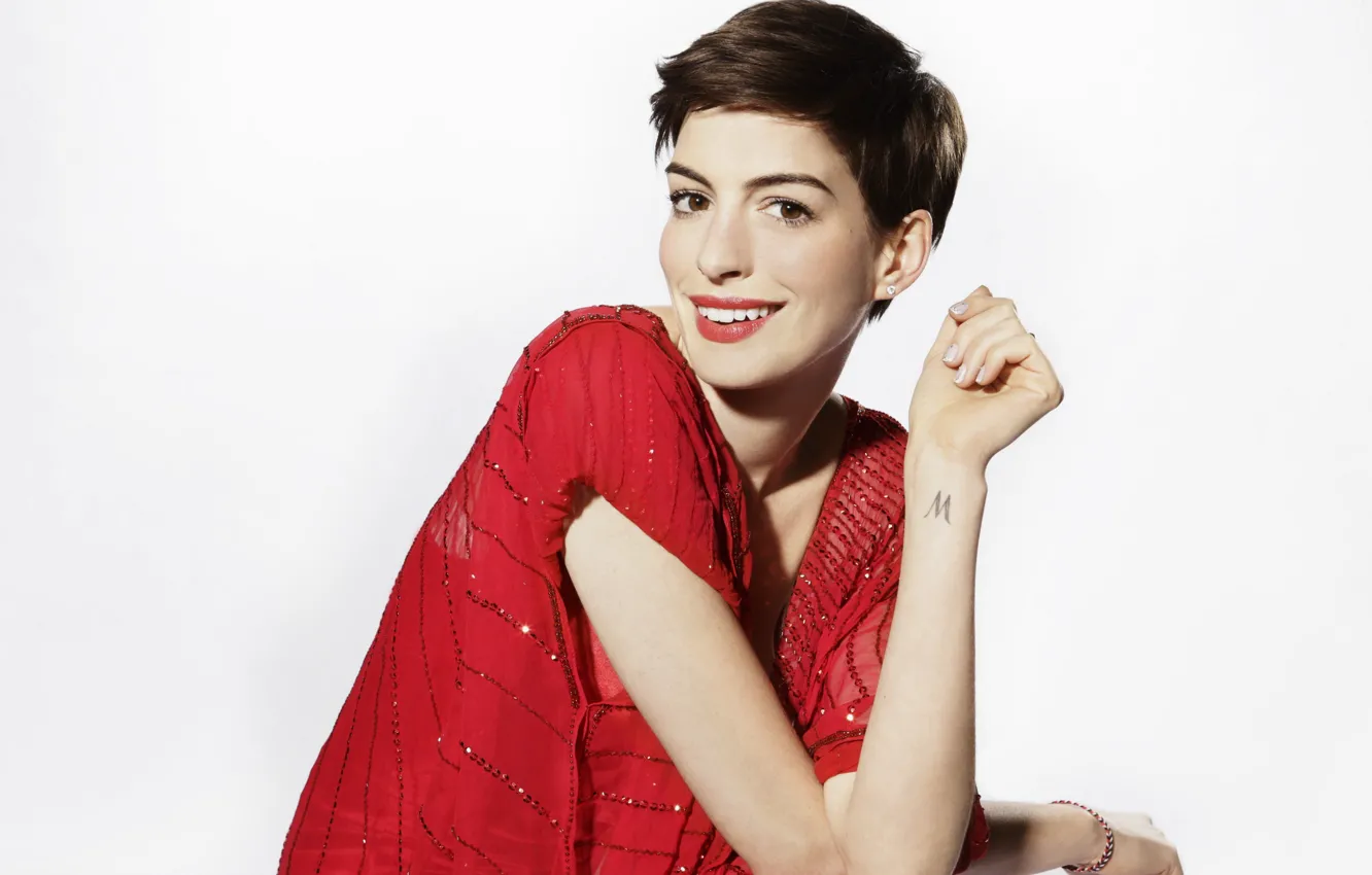 Photo wallpaper look, pose, makeup, actress, tattoo, singer, with short hair, Anne Hathaway