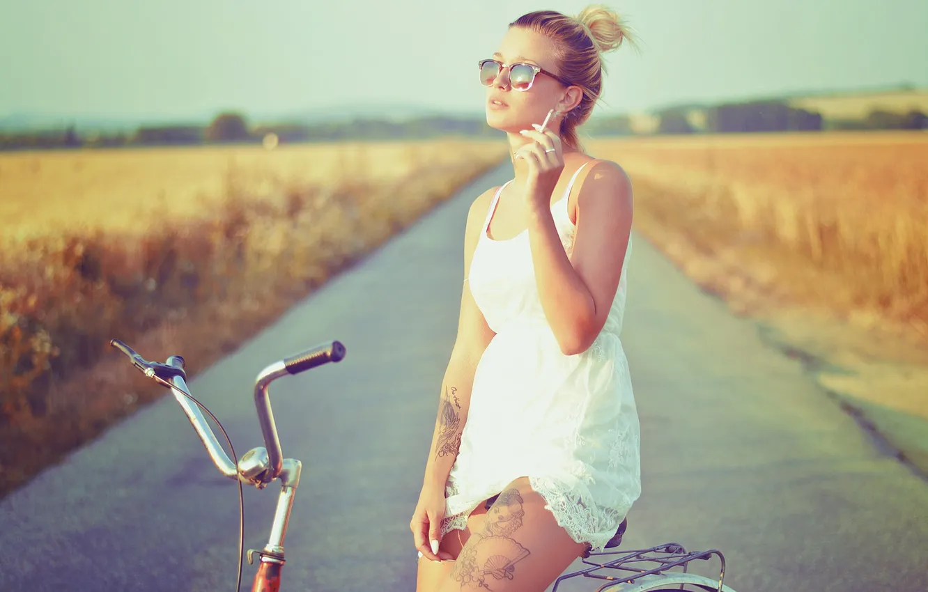 Photo wallpaper road, smoking, model, tattoo, women, cigarettes, women with glasses, inked girls