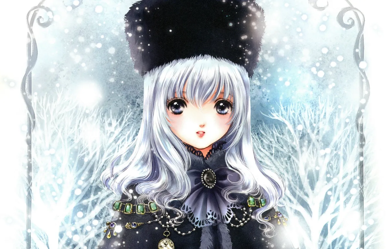 Photo wallpaper winter, snow, decoration, hat, girl, fur, drape, by Shiitake