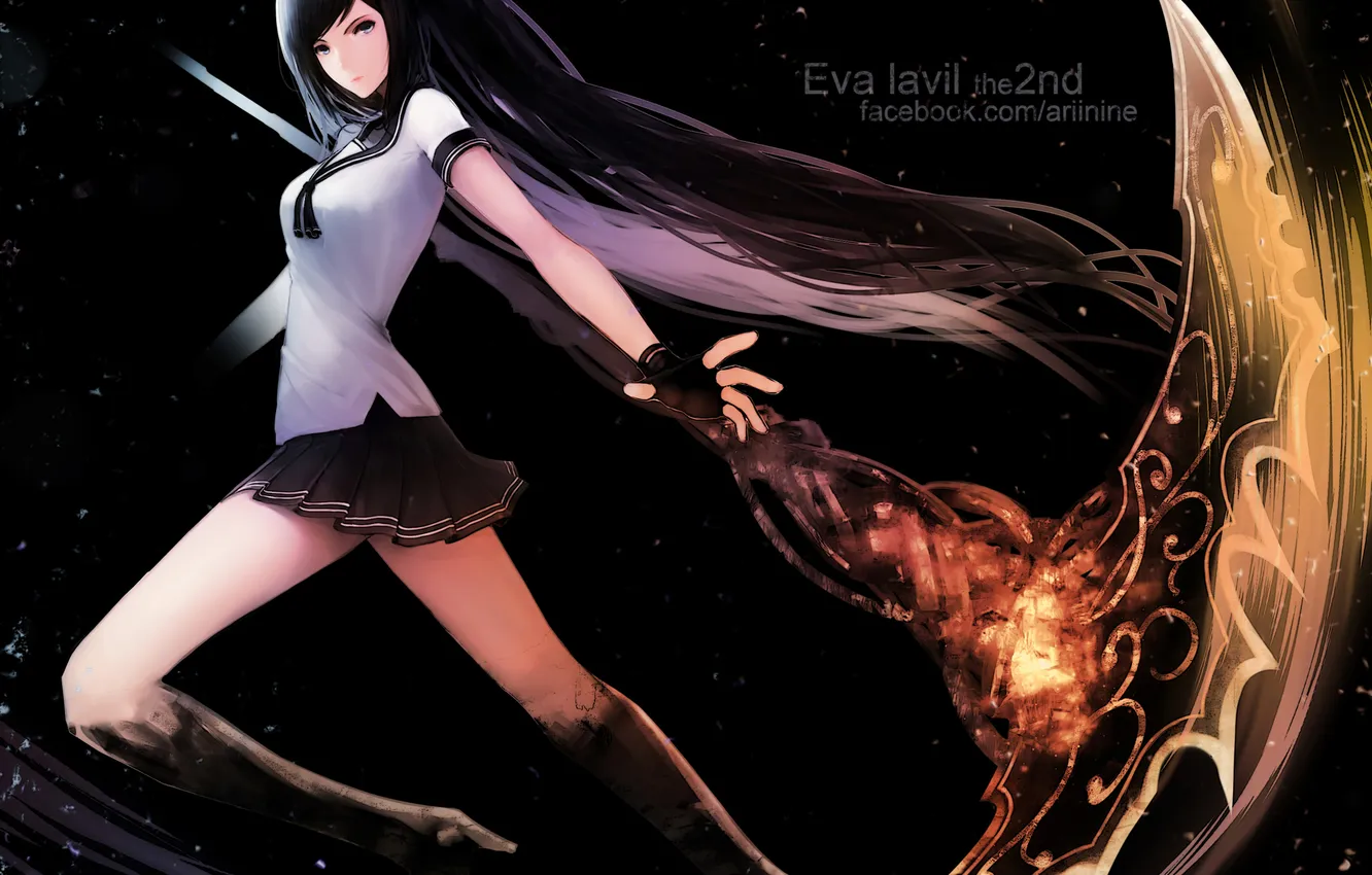 Photo wallpaper girl, weapons, anime, art, horns, braid, form, schoolgirl