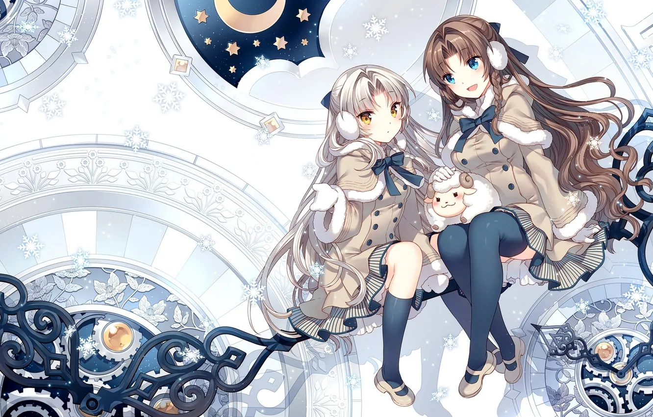 Photo wallpaper girl, stars, watch, a month, anime, art, sheep, nardack