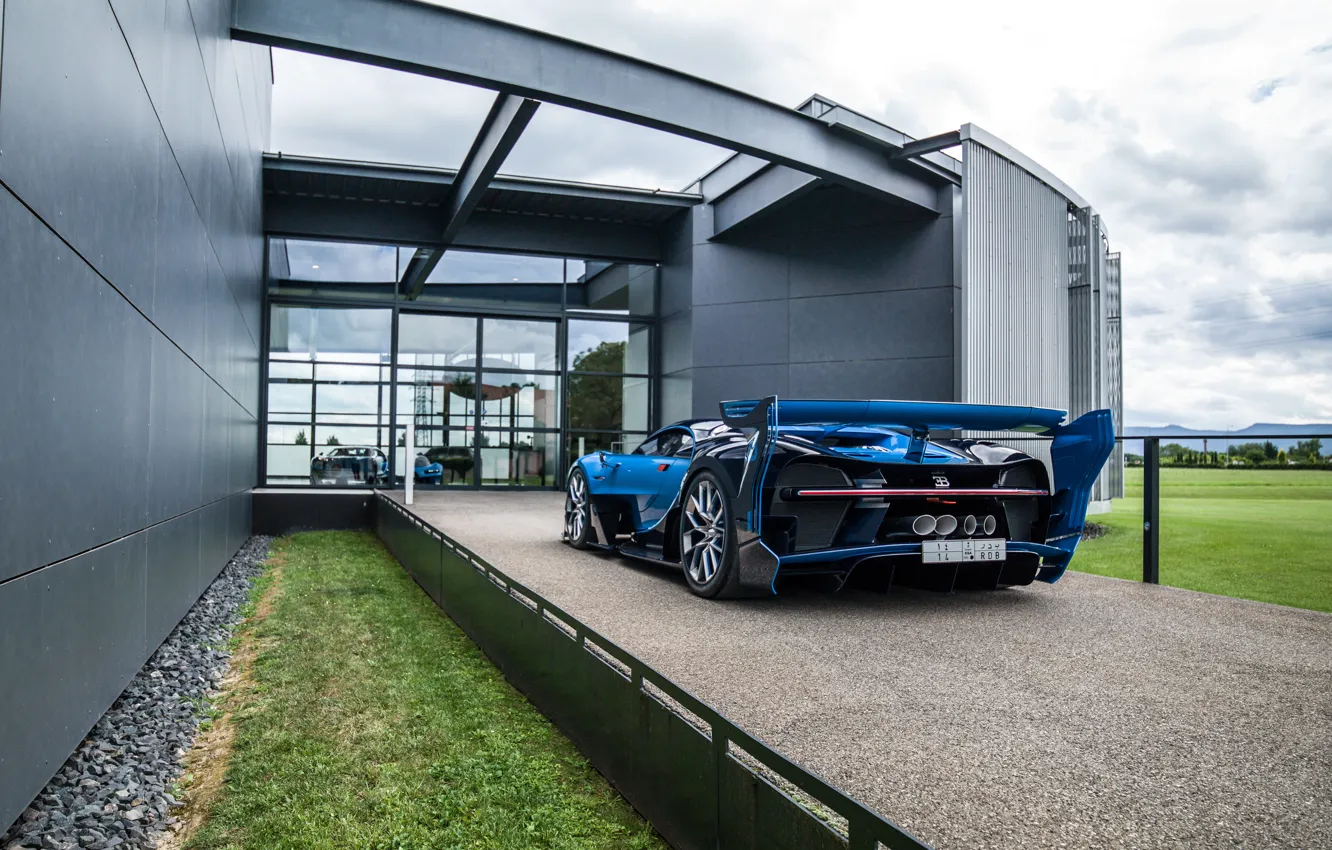 Photo wallpaper car, grass, Bugatti, Vision, car, crushed stone, back, hypercar