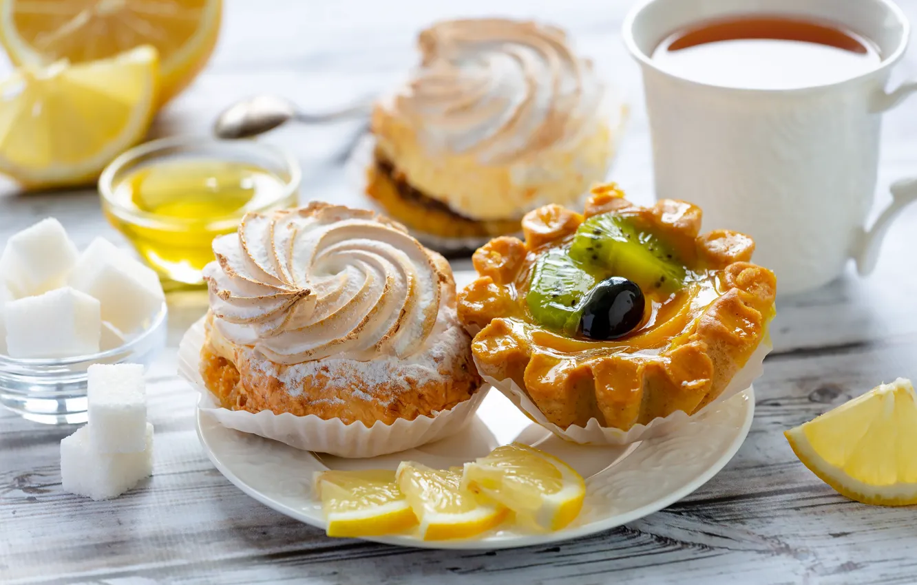 Photo wallpaper lemon, tea, Cup, cake, fruit, still life, tartlets