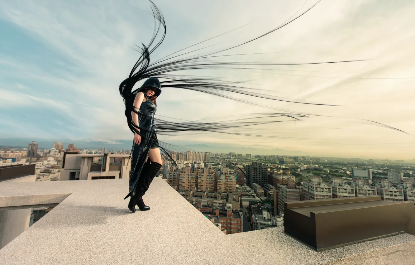 Photo wallpaper roof, girl, the city, the wind, hair, Dark Angel