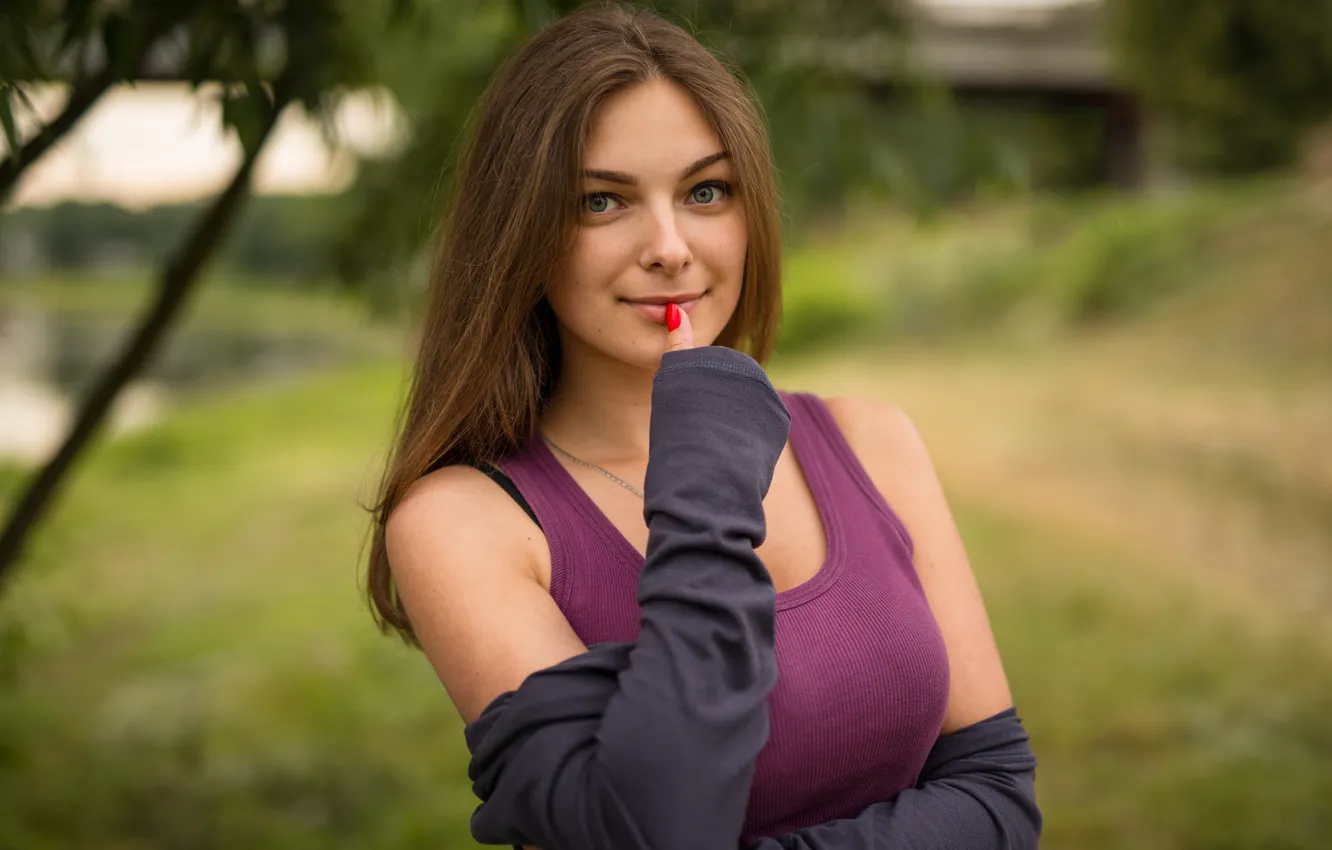 Photo wallpaper purple, summer, girl, model, Mike, photographer, brown hair, big Breasts