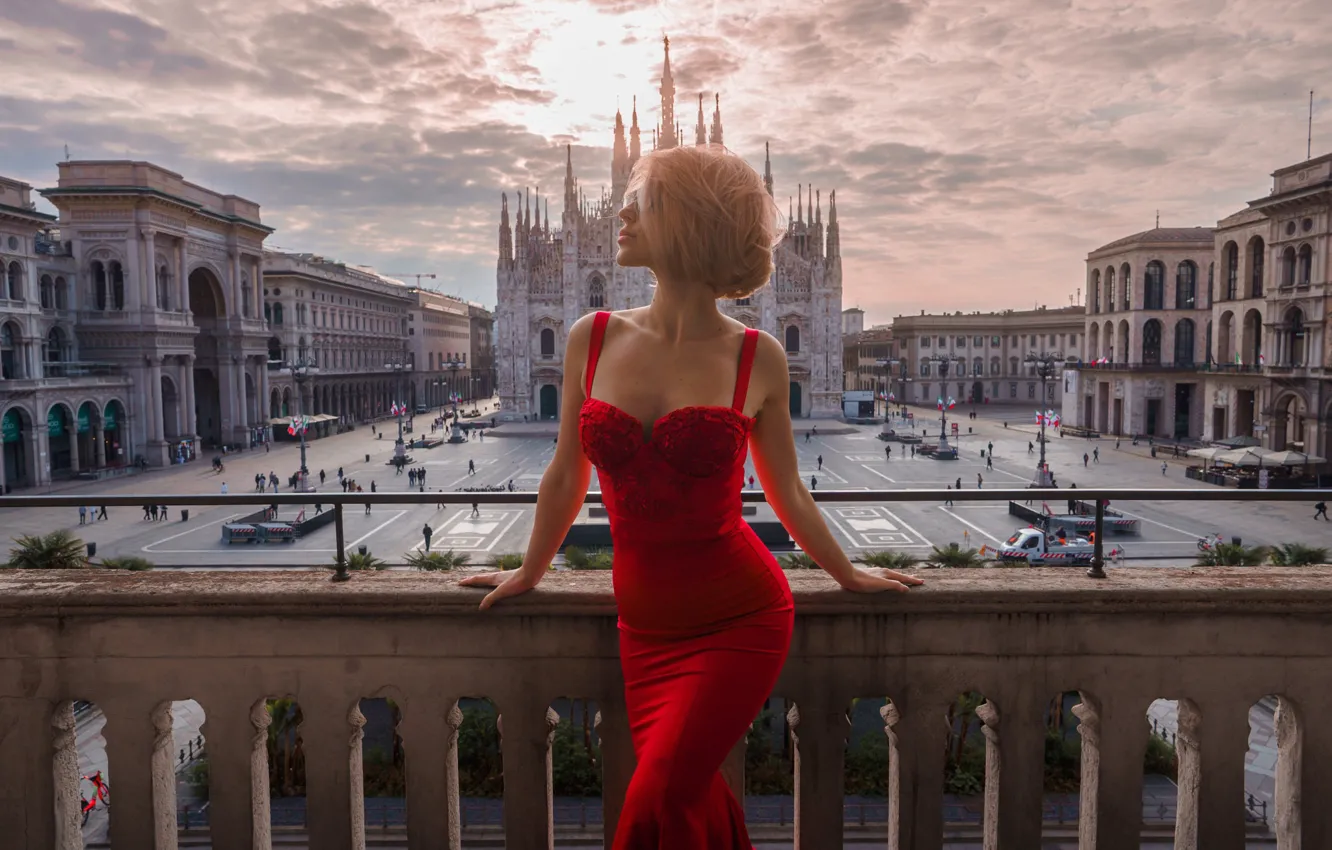 Photo wallpaper chest, girl, figure, slim, dress, beautiful, legs, red dress