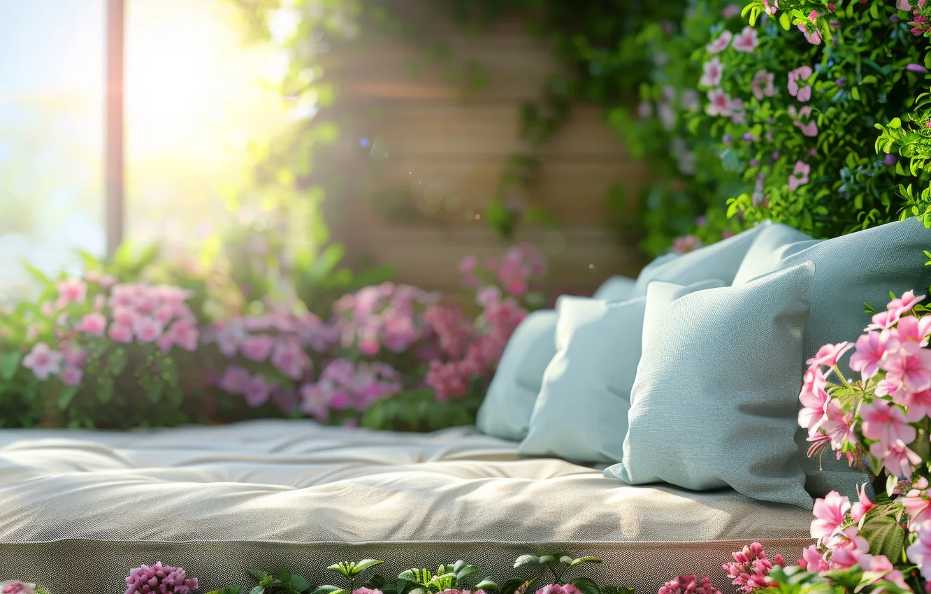 Photo wallpaper neural network, flowers, veranda, light, bed, window, AI art, bed