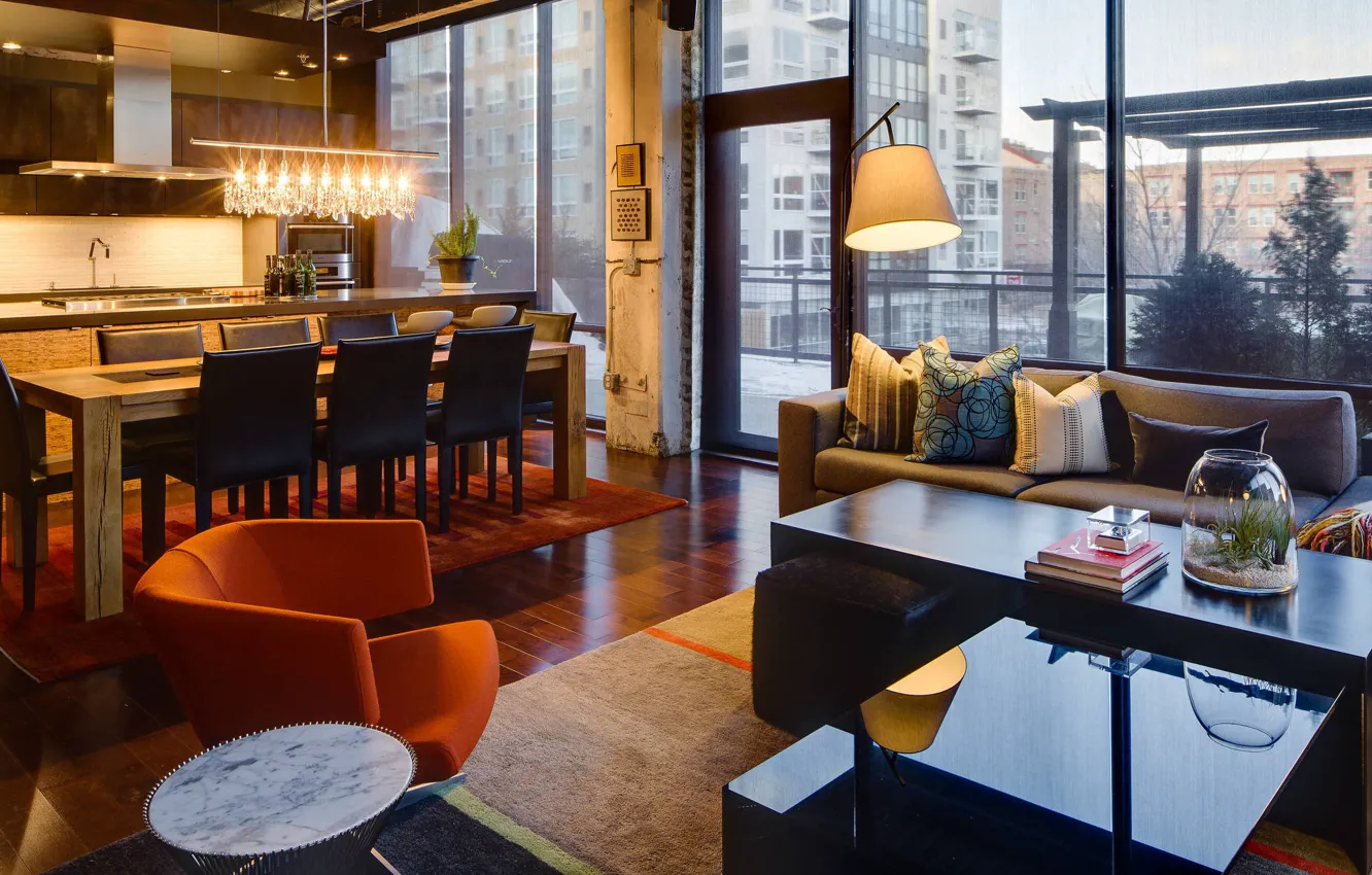 Photo wallpaper interior, kitchen, living room, dining room, Industrial style, floor to ceiling windows