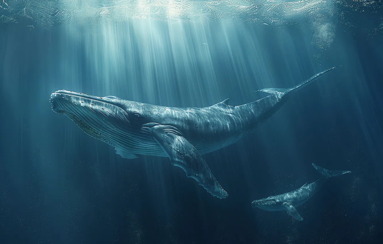 Photo wallpaper kit, cub, two, underwater world, the rays of the sun, digital art, AI art, The …