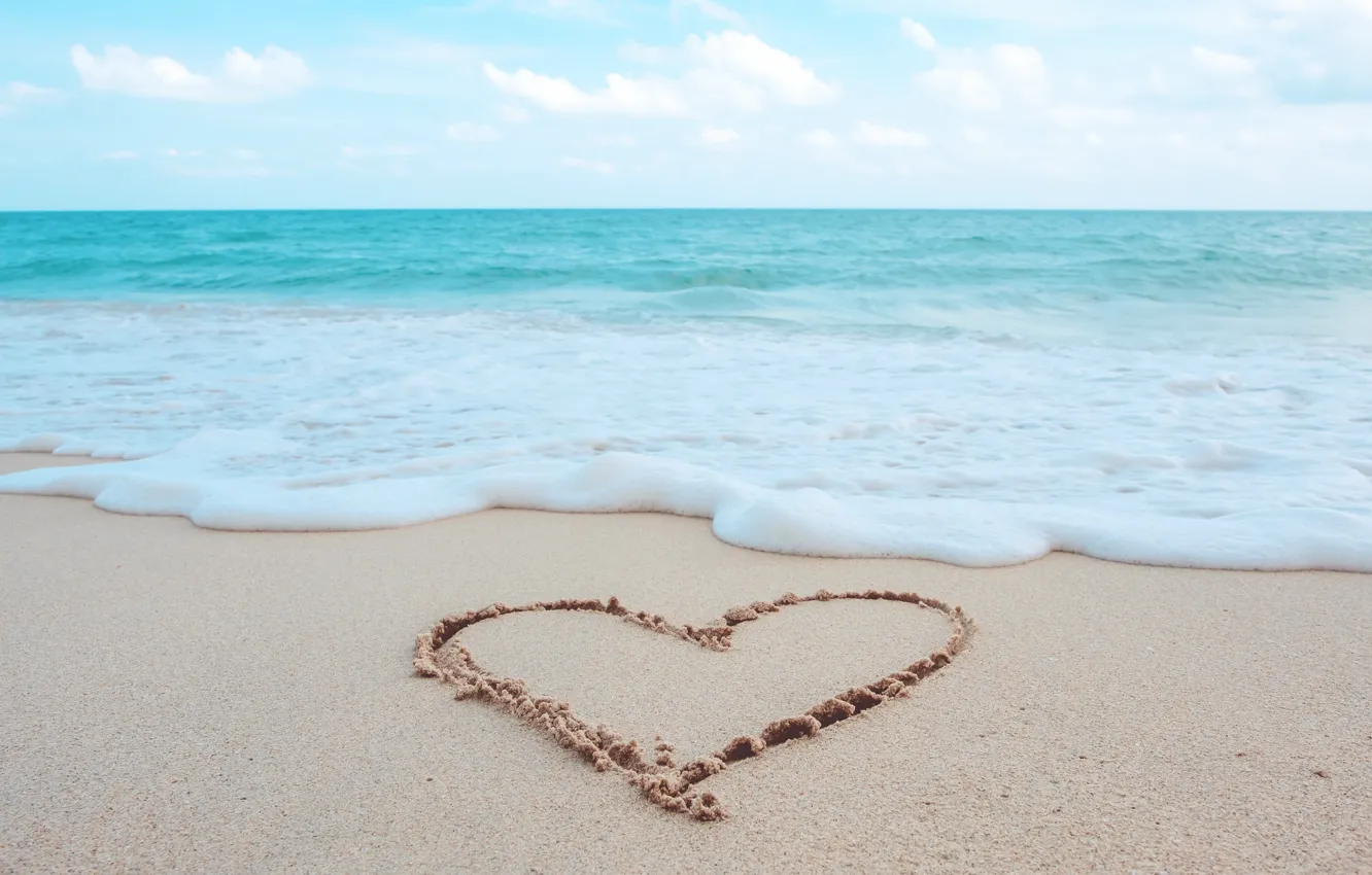 Photo wallpaper sand, sea, wave, beach, summer, love, heart, summer