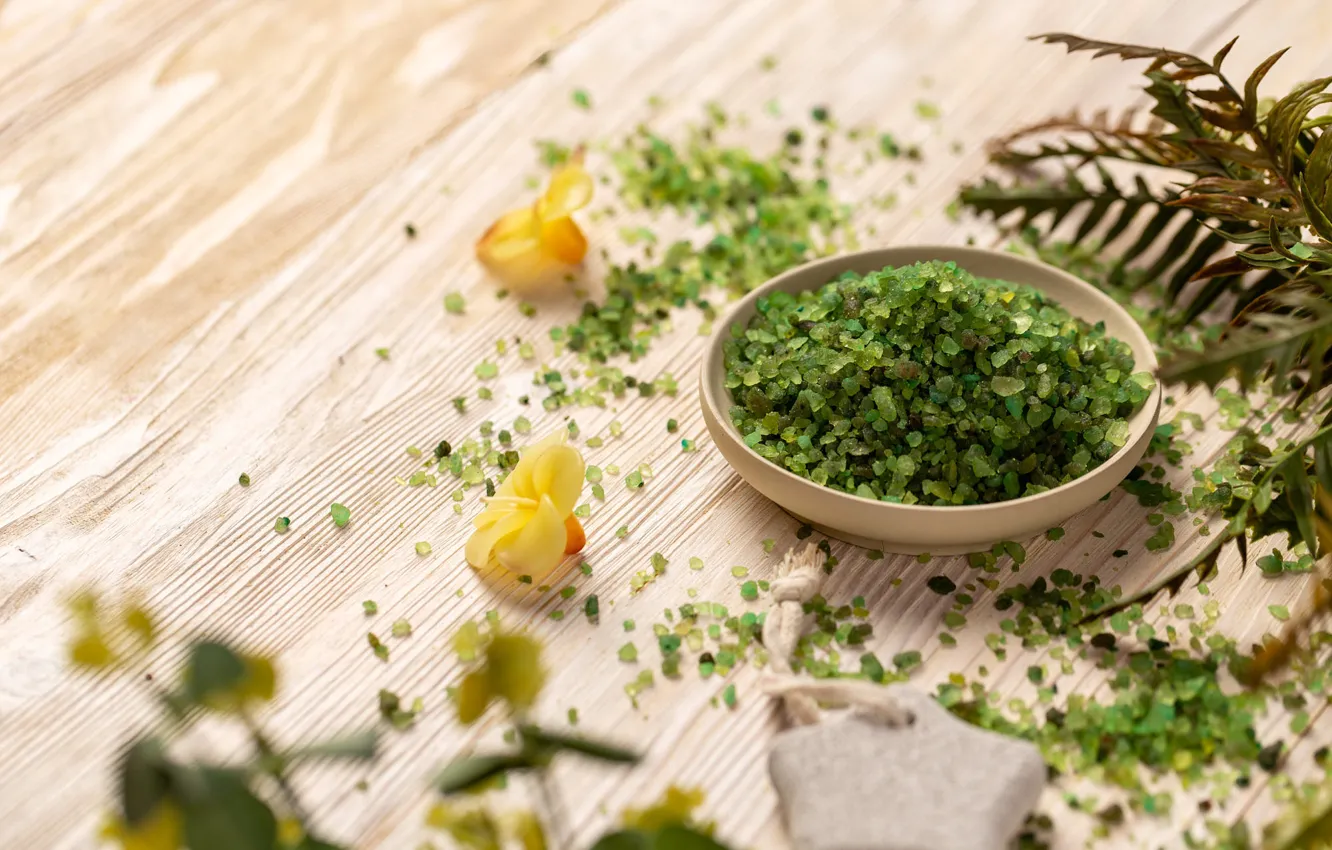 Photo wallpaper green, flowers, bowl, sea salt, leaves, salt for the bath, Spa