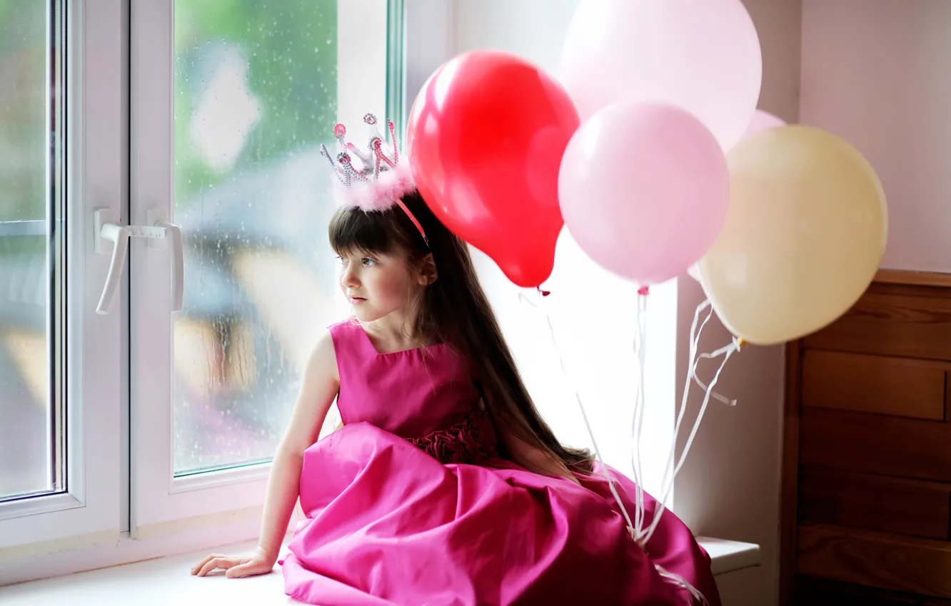 Photo wallpaper balls, children, rain, crown, dress, window, girl, beautiful