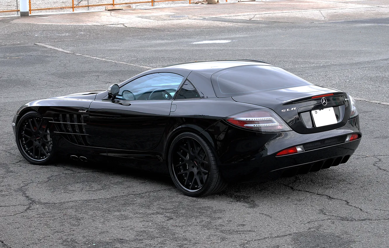 Photo wallpaper asphalt, cracked, reflection, black, black, Mercedes Benz, rear view, SLR McLaren
