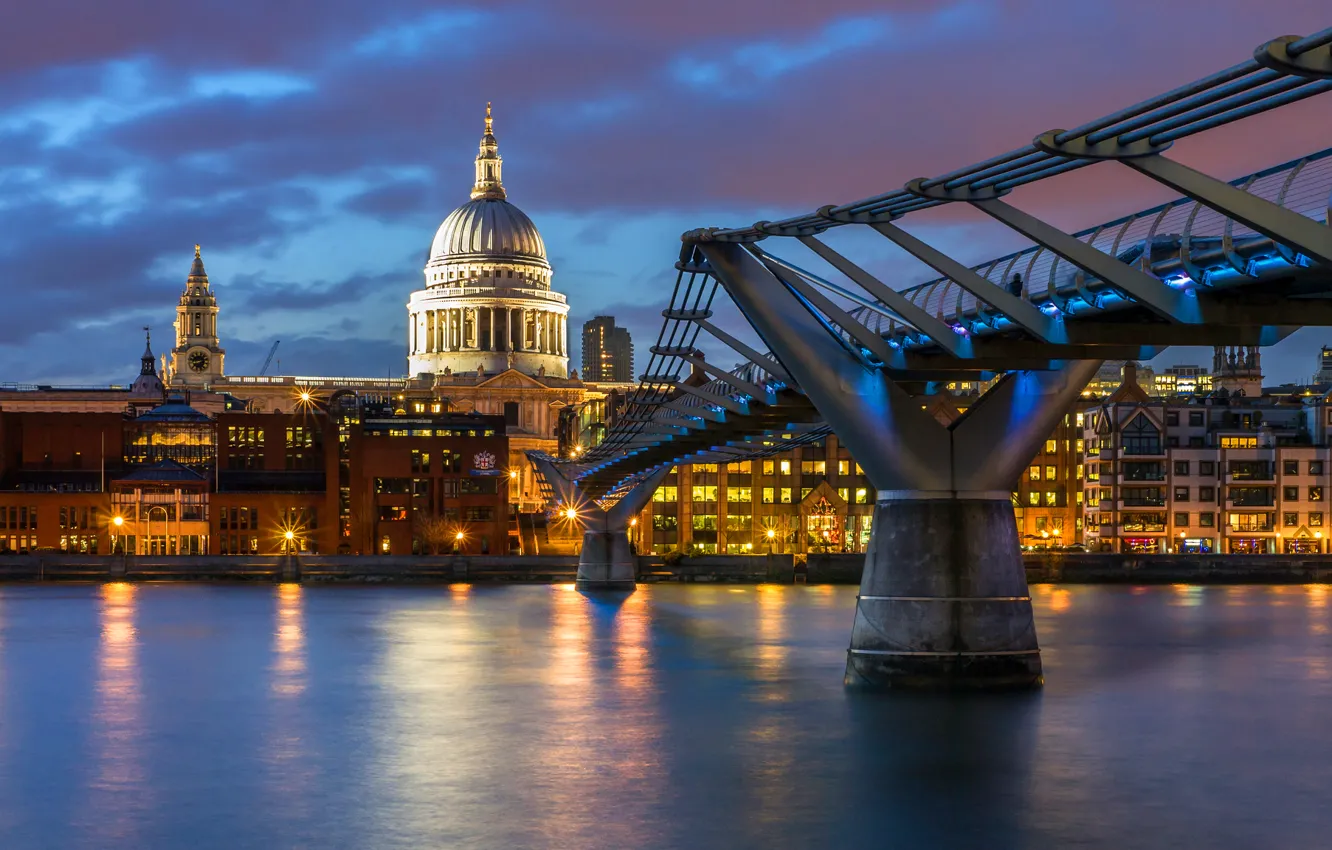 Photo wallpaper the sky, water, clouds, the city, lights, reflection, river, England