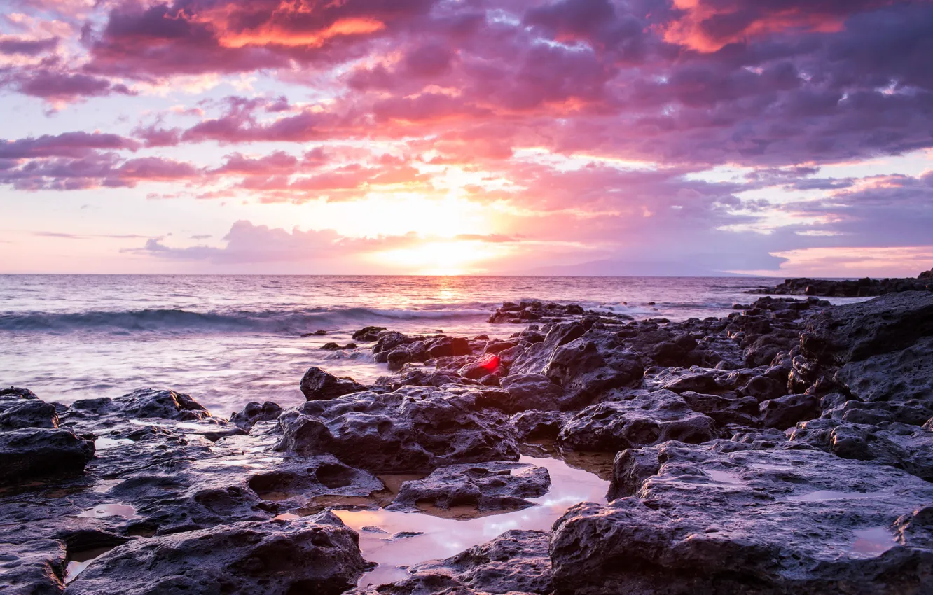 Photo wallpaper sea, sunset, rocks