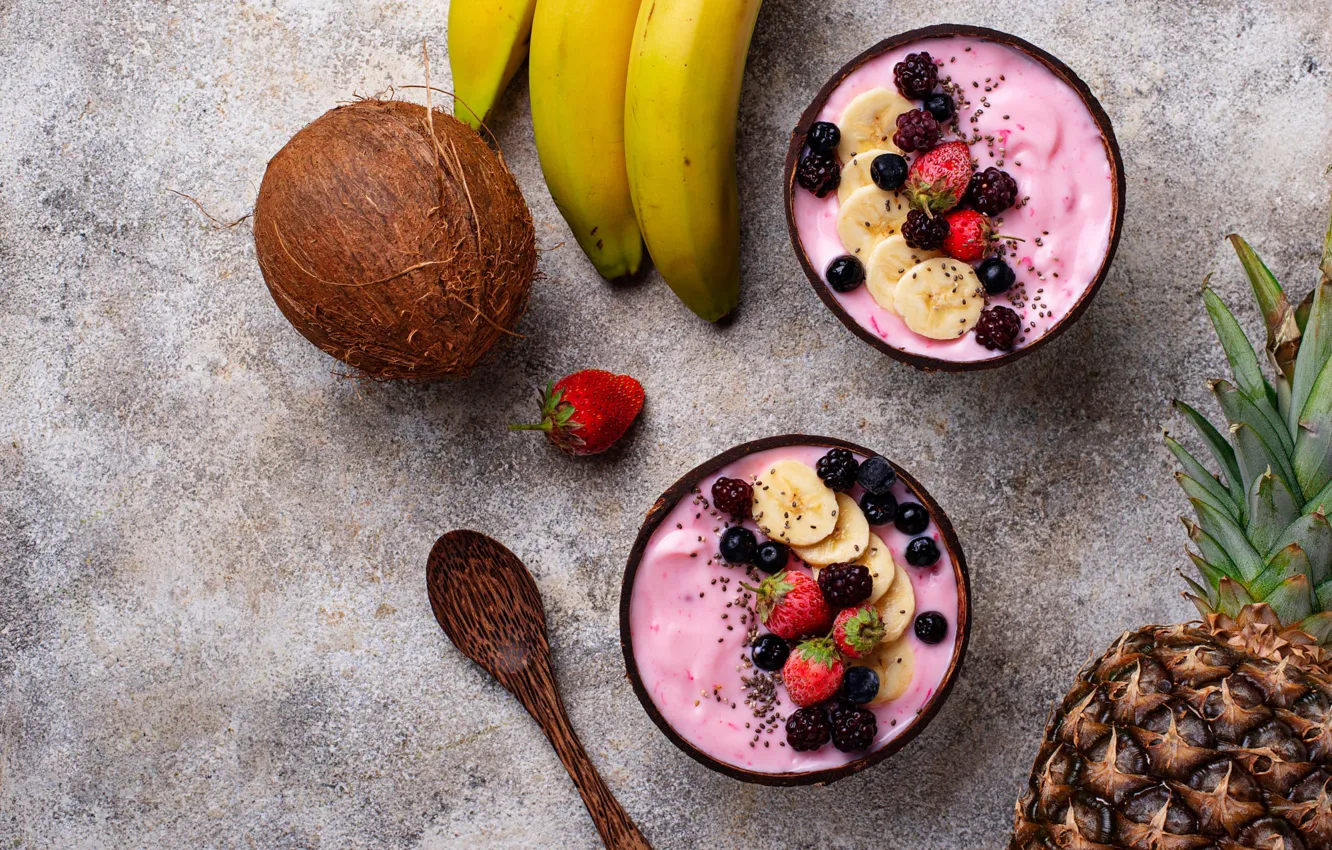 Photo wallpaper berries, coconut, blueberries, strawberry, spoon, ice cream, bananas, fruit