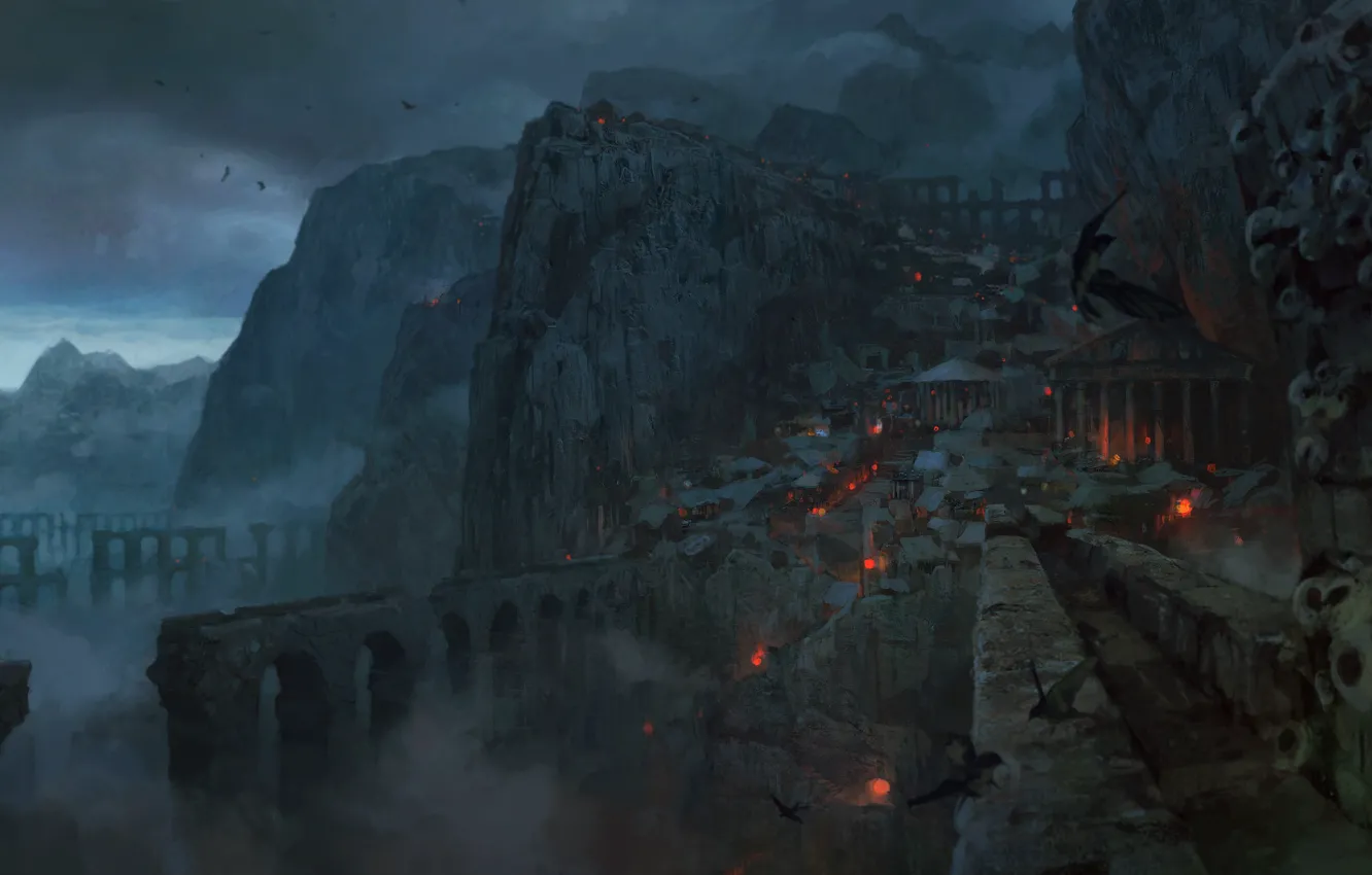 Photo wallpaper mountains, night, the city, fog, bird, Path of Exile, akviduk