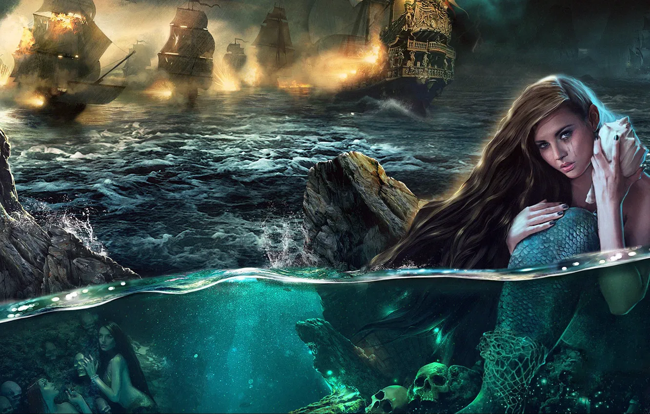 Photo wallpaper Sea, Rocks, Skull, Fire, Mermaid, Scales, Ships, Sails