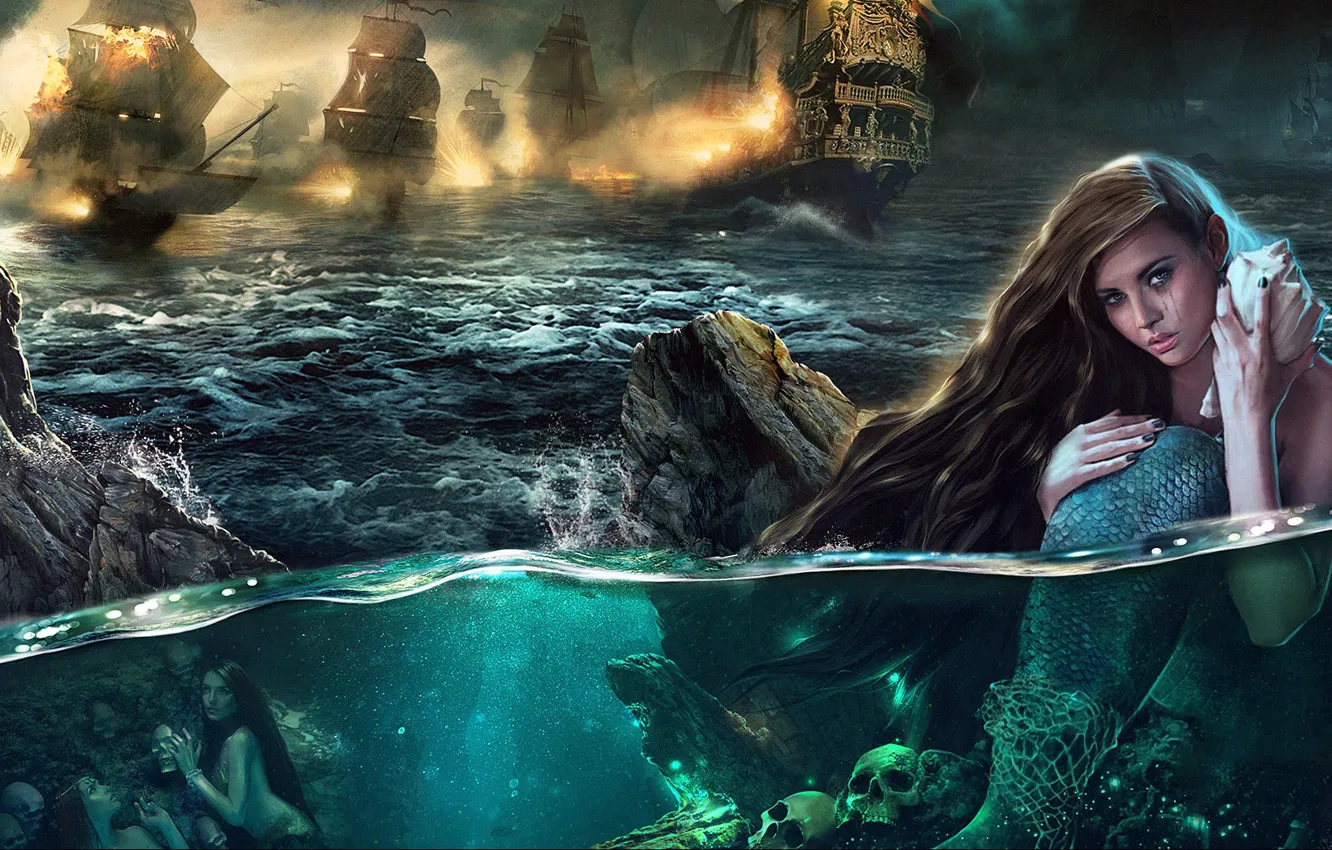 Photo wallpaper sea, lights, rocks, ship, skull, mermaid, scales, sail