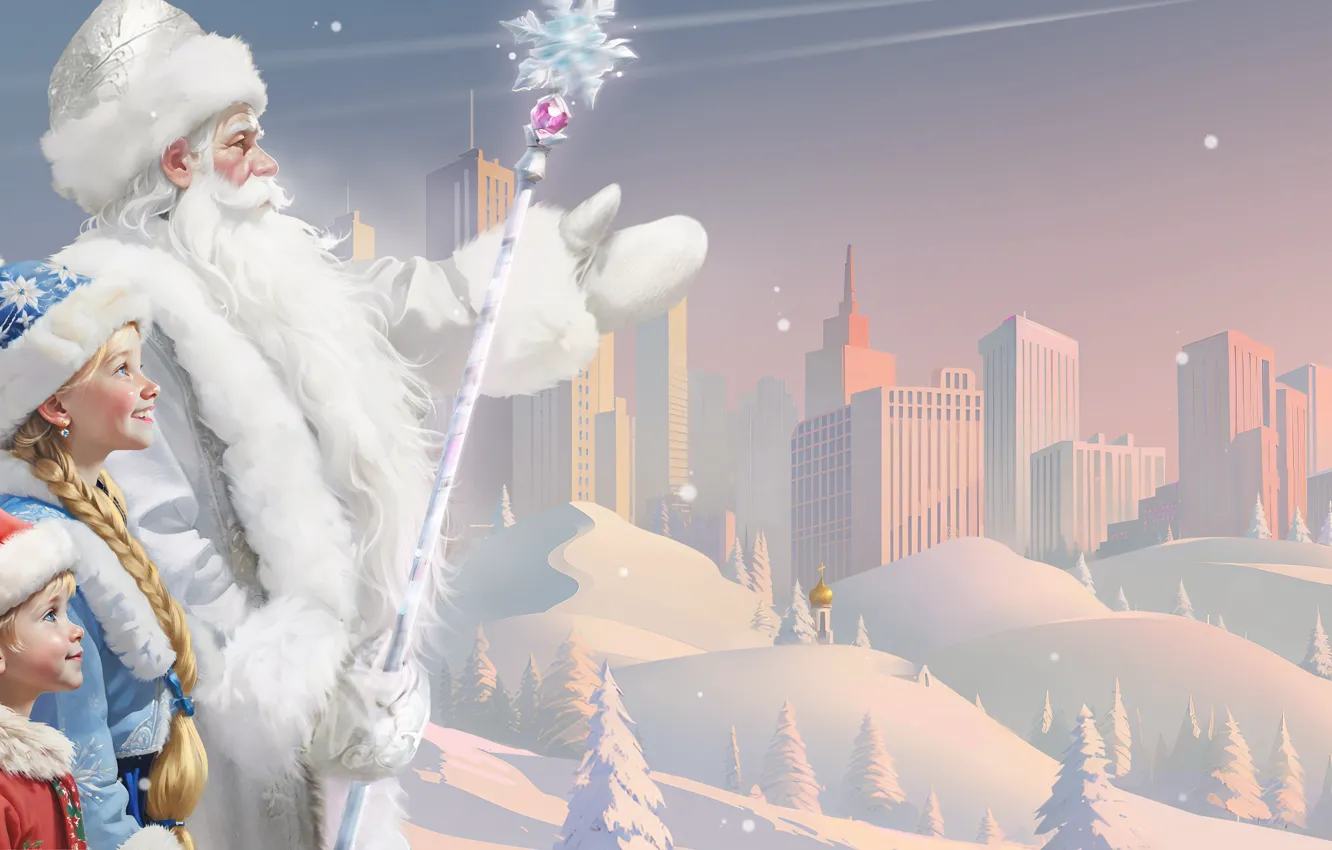 Photo wallpaper winter, girl, snow, the city, tree, new year, Christmas, maiden