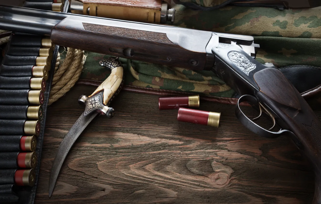 Photo wallpaper wood, shotgun, knife, ammunition
