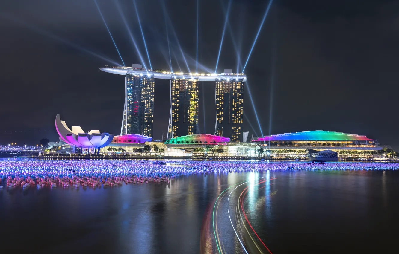 Photo wallpaper lights, lights, skyscrapers, Singapore, architecture, megapolis, blue, night