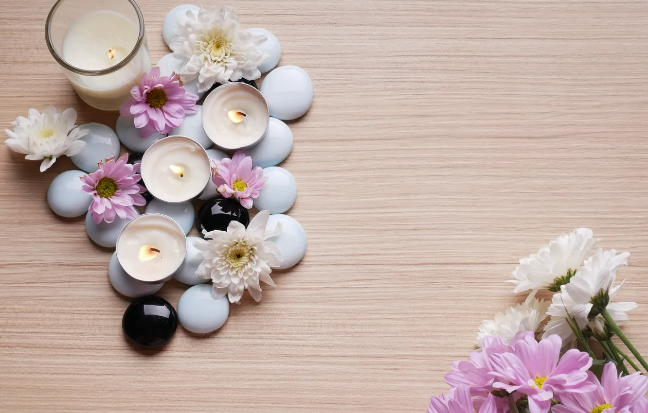 Photo wallpaper stones, candles, chrysanthemum, Spa
