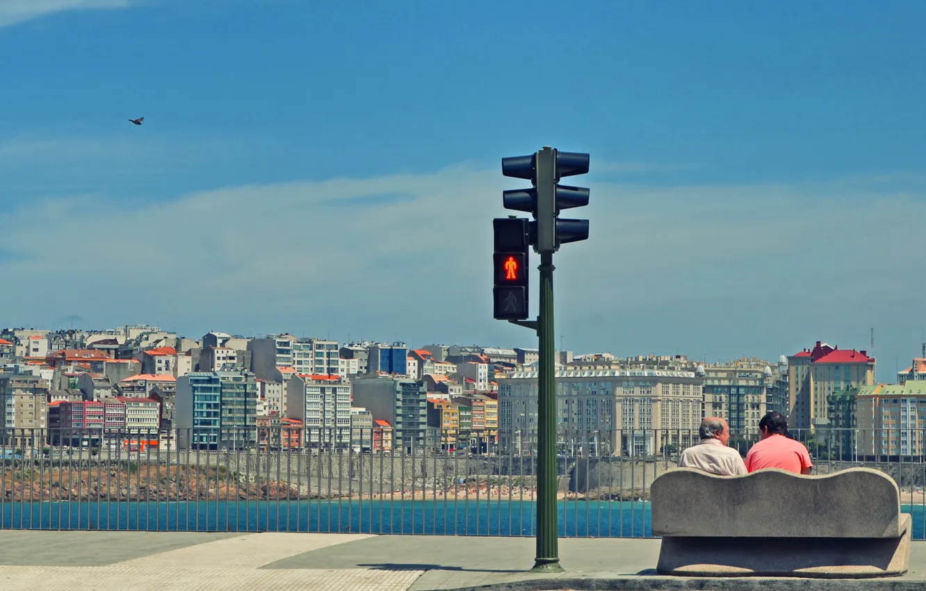 Photo wallpaper the sky, bench, the city, traffic light, people beach