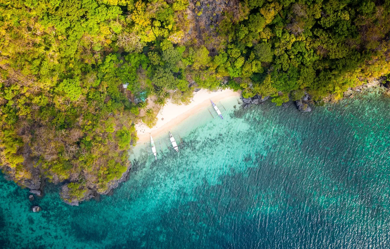 Photo wallpaper beach, boats, tropical, aerial view, shoreline