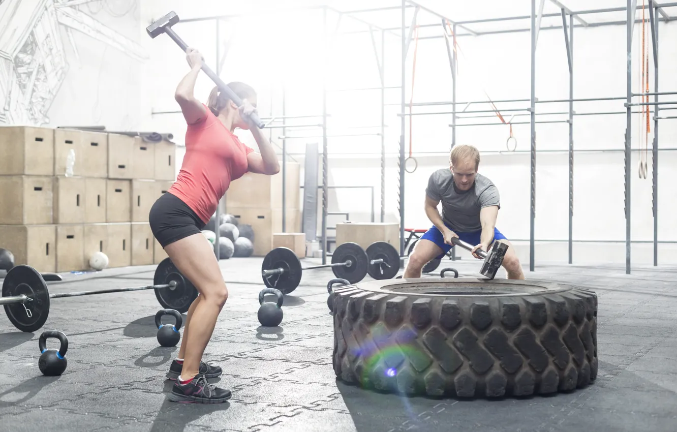 Photo wallpaper wheel, workout, tire, crossfit, hammer