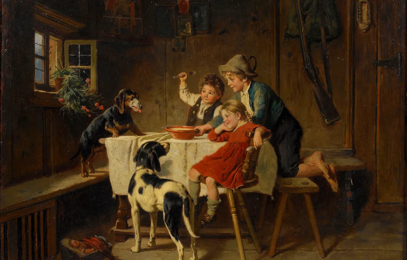 Photo wallpaper Table, Children, Picture, Dogs, Dinner, Adolf Eberle, Adolf Eberle, Dinner time