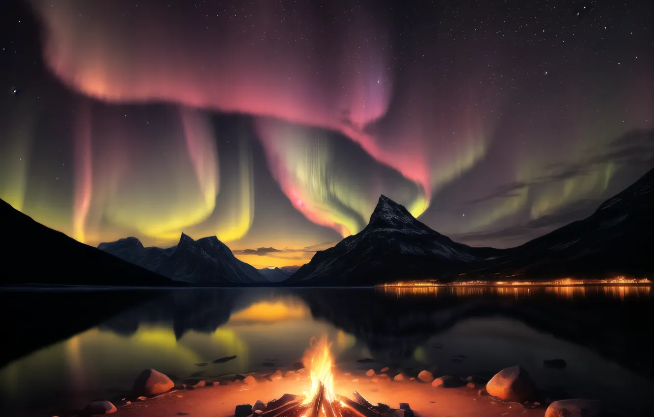 Photo wallpaper sunset, Norway, campfire, AI Art